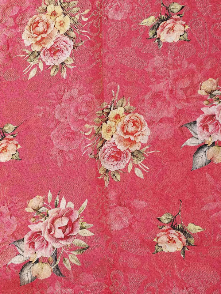 Rose Pink Banarasi Saree with Floral Design on the Body and Contrast Border - Diadem