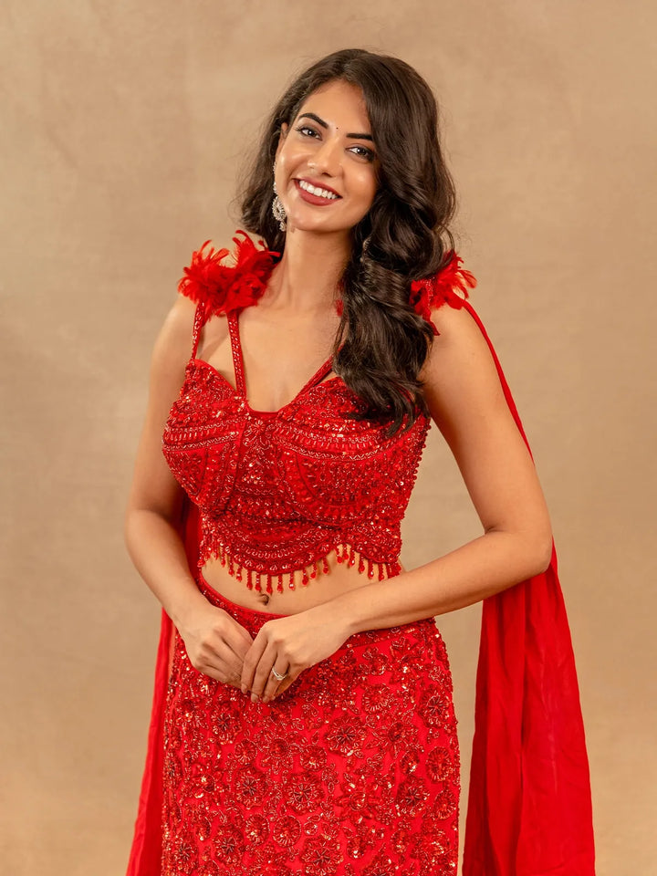 Red Floral And Sequins Embroidered Net Bridal Lehenga - Diadem