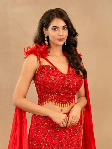 Red Floral And Sequins Embroidered Net Bridal Lehenga - Diadem