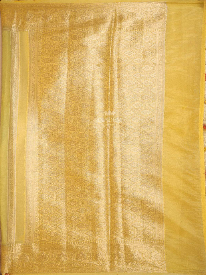 Light Yellow Semi Banarasi Saree with Stirpes Floral Design on the Body with Design Border - Diadem