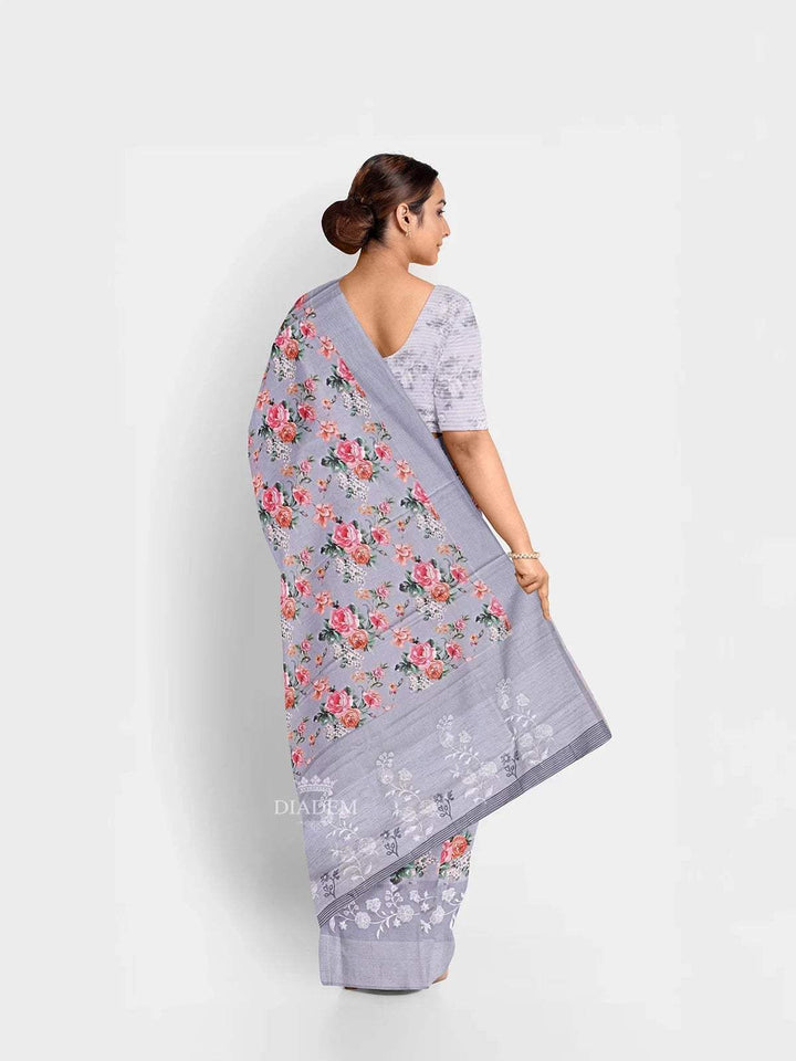 Light Blue Grey Chanderi Silk Saree with Floral Prints on the body and Thread Border - Diadem