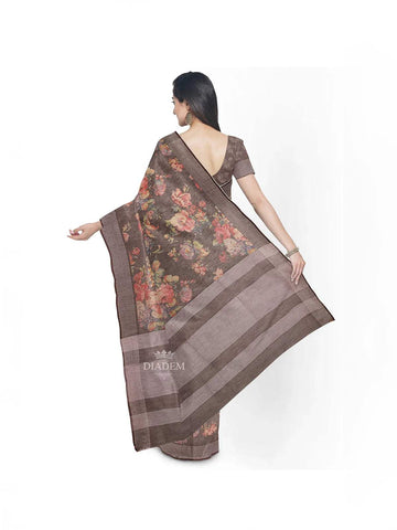 Brown Chanderi Cotton Saree with Floral Prints on the body and Zari Border - Diadem