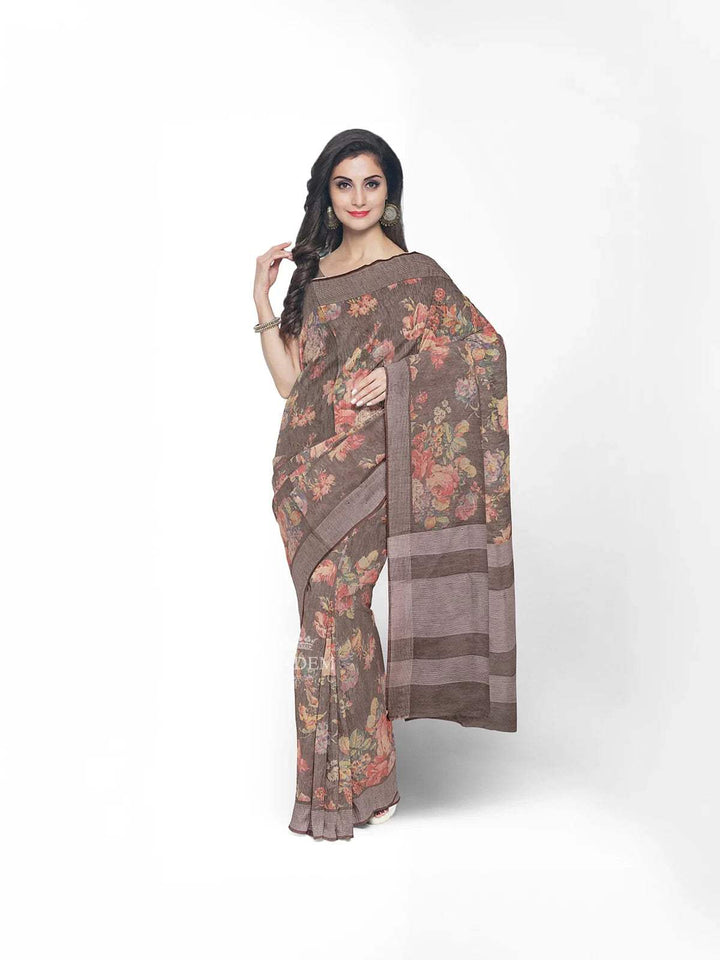 Brown Chanderi Cotton Saree with Floral Prints on the body and Zari Border - Diadem