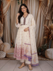 Off White Floral Printed Design Cotton Anarkali Salwar Suit with Dupatta
