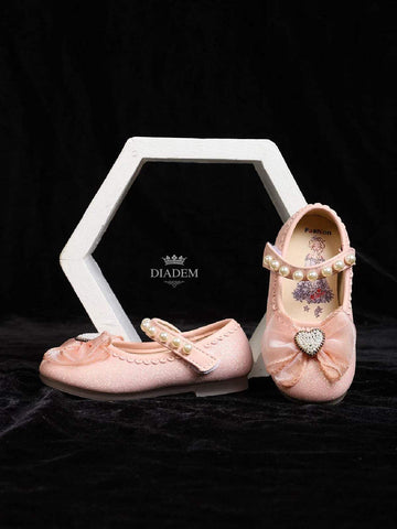 Light Pink Glitter Ballerinas Embellished with Beads and attached Bow for Girls - Diadem