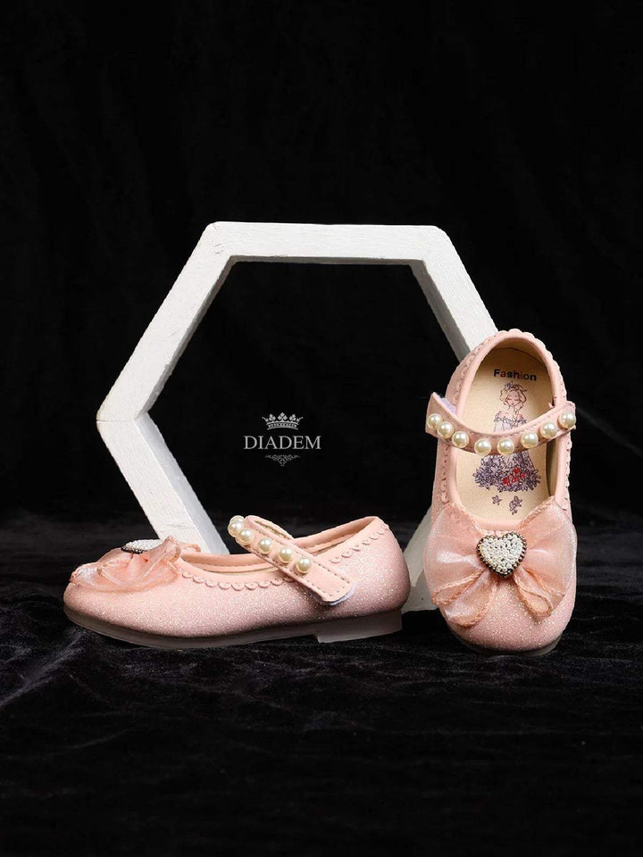 Light Pink Glitter Ballerinas Embellished with Beads and attached Bow for Girls - Diadem