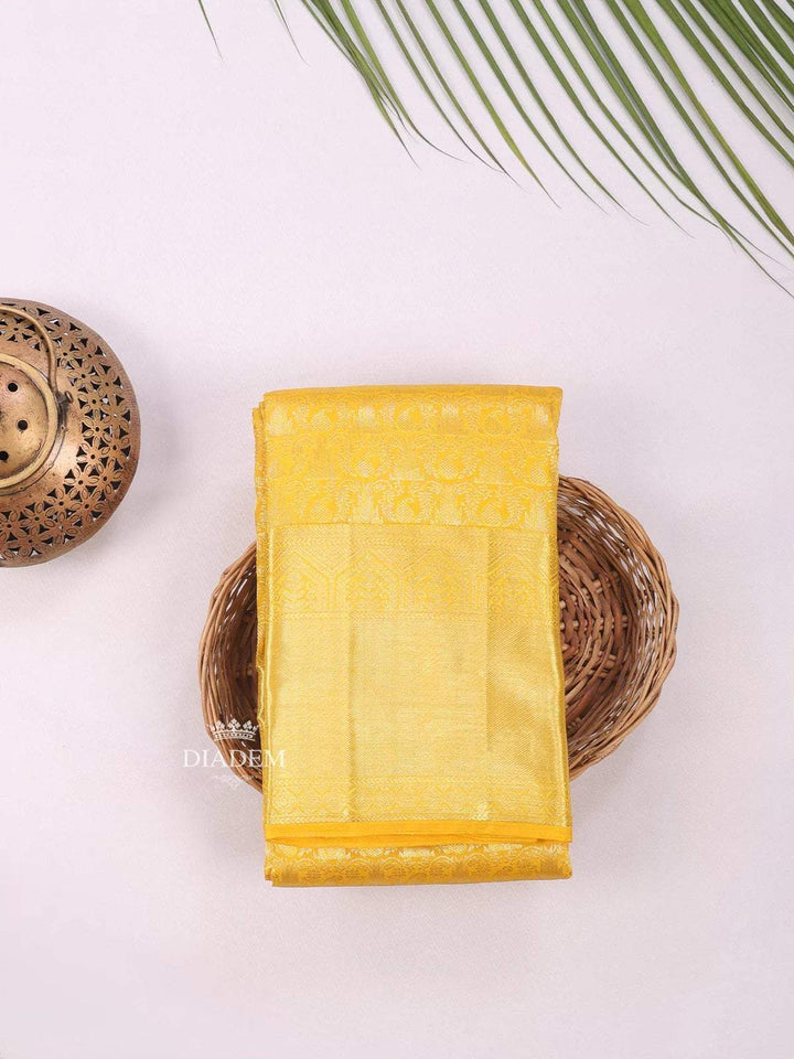 Yellow Pure Kanchipuram Bridal Silk Saree with Floral Motif on the body and Zari Border - Diadem