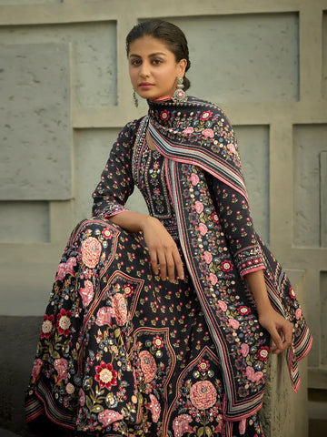 Black Floral Printed Synthetic Salwar Suit - Diadem