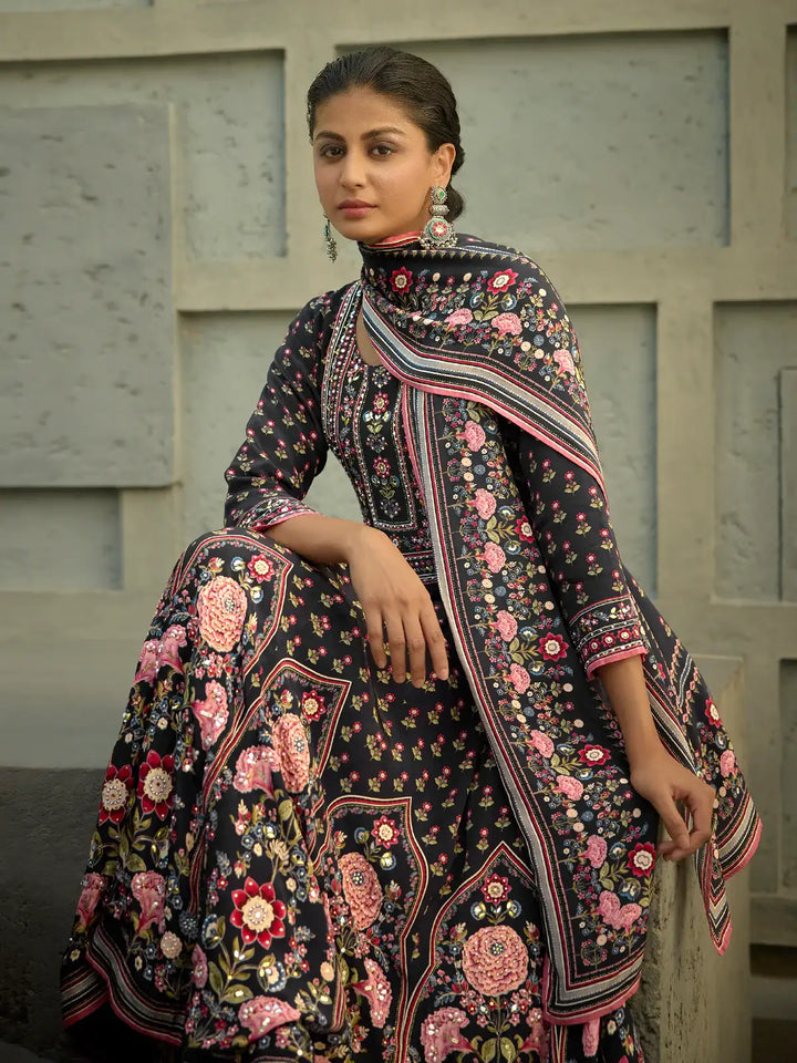 Black Floral Printed Synthetic Salwar Suit - Diadem