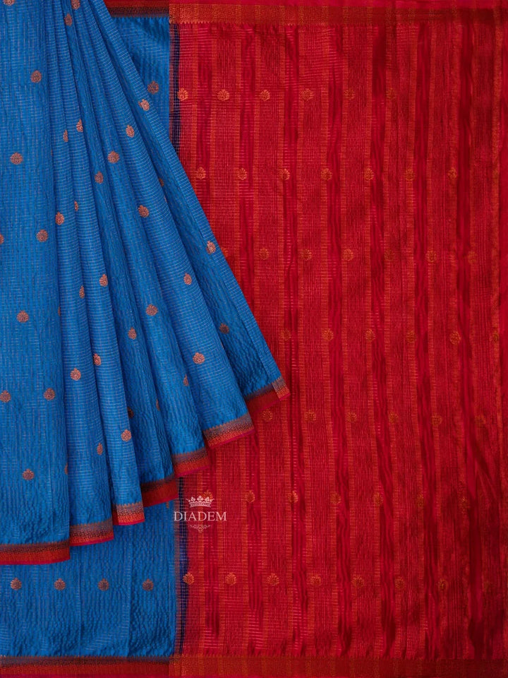 Blue Semi Silk Saree with Checked design on the body and Contrast Zari Border - Diadem