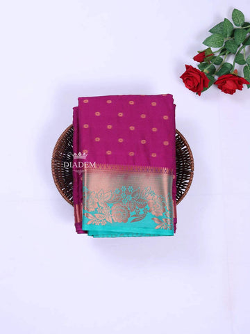 Purple Art Silk Saree with Floral Motif on the body and Contrast Zari Border - Diadem