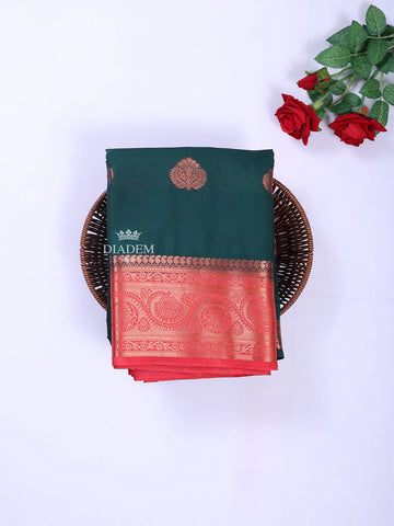 Dark Green Art Silk Saree with Zari Butta on the body and Contrast Zari Border - Diadem