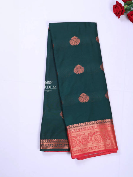 Dark Green Art Silk Saree with Zari Butta on the body and Contrast Zari Border - Diadem