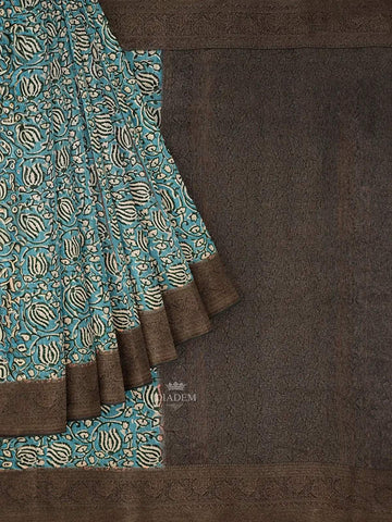 Blue Chanderi Silk Saree with Floral Prints on the body and Thread Border - Diadem