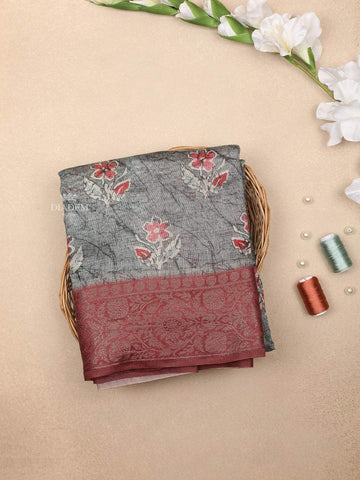 Grey Chanderi Silk Saree with Flower Design on the Body with Contrast Border - Diadem