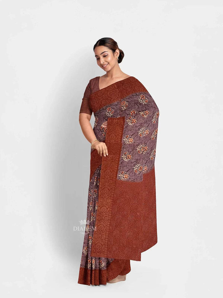 Light Purple Chanderi Silk Saree with Floral Prints on the body and Zari Border - Diadem