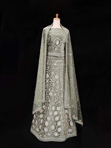 Green Semi Stitched Lehenga Adorned with Sequins and thread Floral Design with Dupatta - Diadem