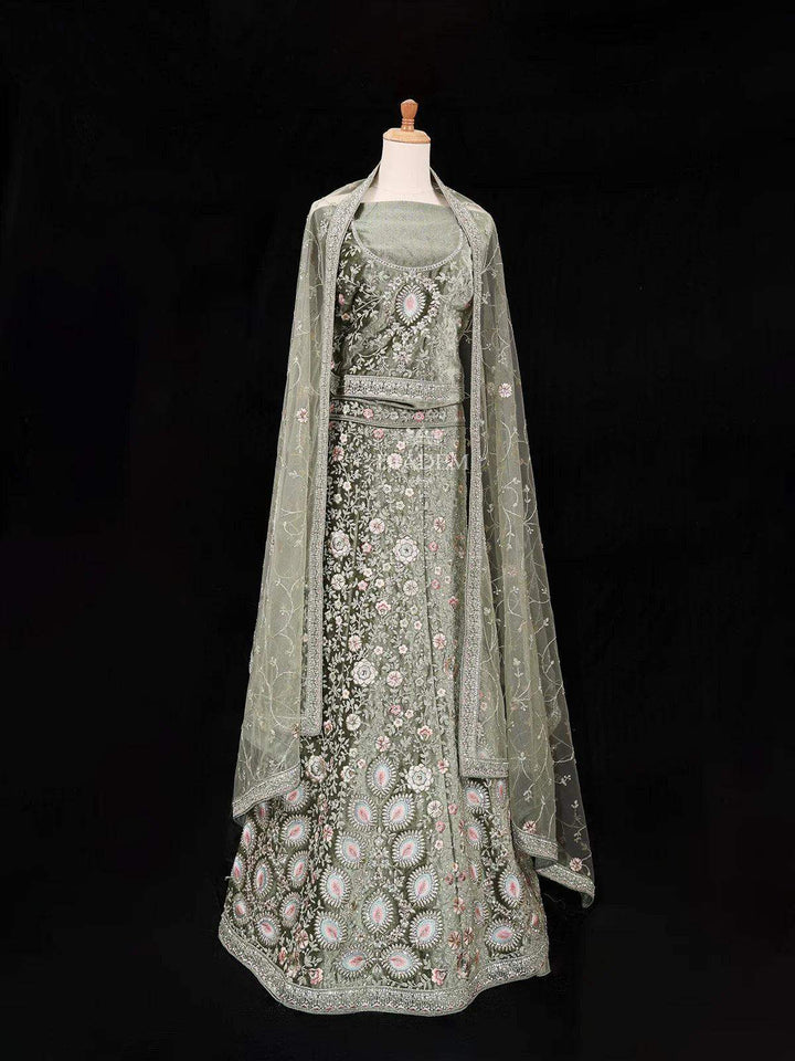 Green Semi Stitched Lehenga Adorned with Sequins and thread Floral Design with Dupatta - Diadem