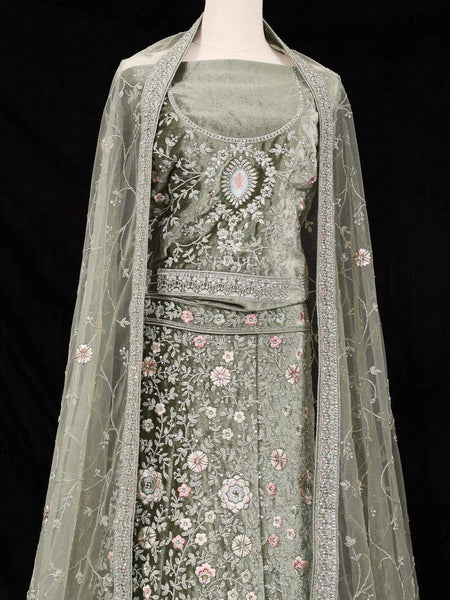 Green Semi Stitched Lehenga Adorned with Sequins and thread Floral Design with Dupatta - Diadem