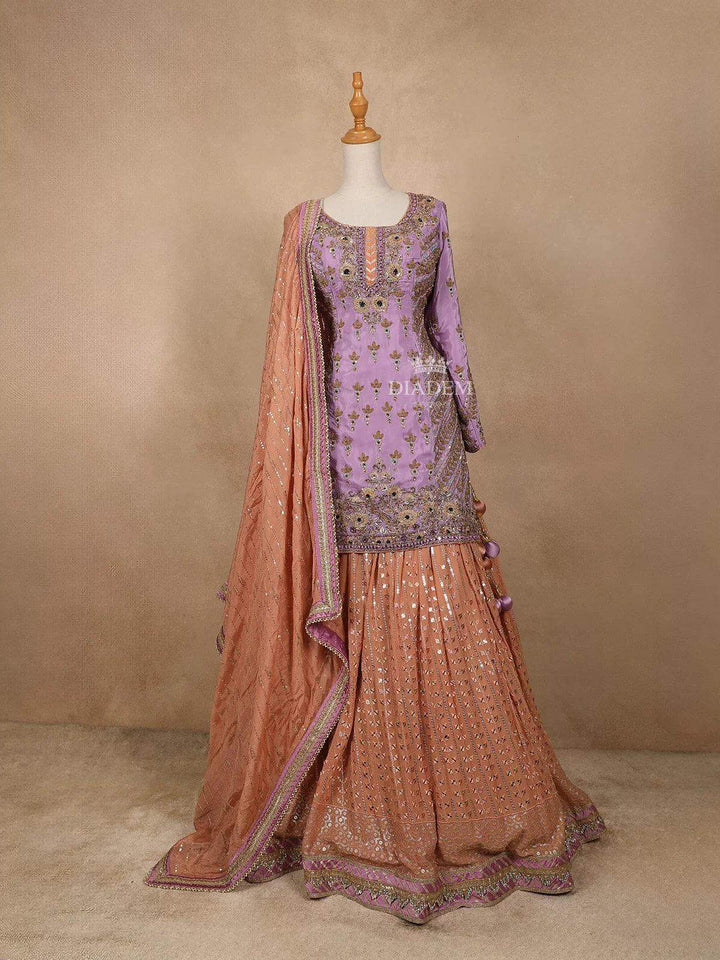 Peach with Lavender Georgette Lehenga Embellished with Floral Embroidery Paired with Dupatta - Diadem