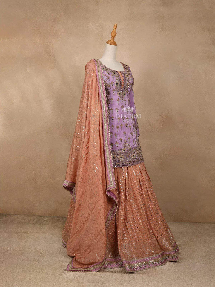 Peach with Lavender Georgette Lehenga Embellished with Floral Embroidery Paired with Dupatta - Diadem