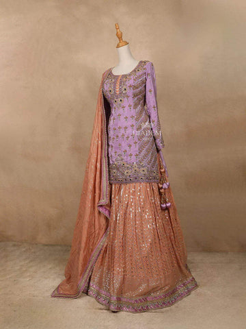 Peach with Lavender Georgette Lehenga Embellished with Floral Embroidery Paired with Dupatta - Diadem