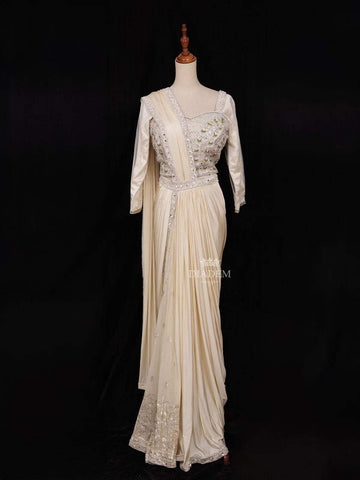 Ivory Ready to wear Saree with Sequins and Glitters Floral Design with Blouse - Diadem