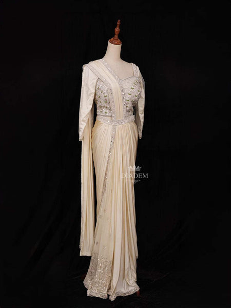 Ivory Ready to wear Saree with Sequins and Glitters Floral Design with Blouse - Diadem