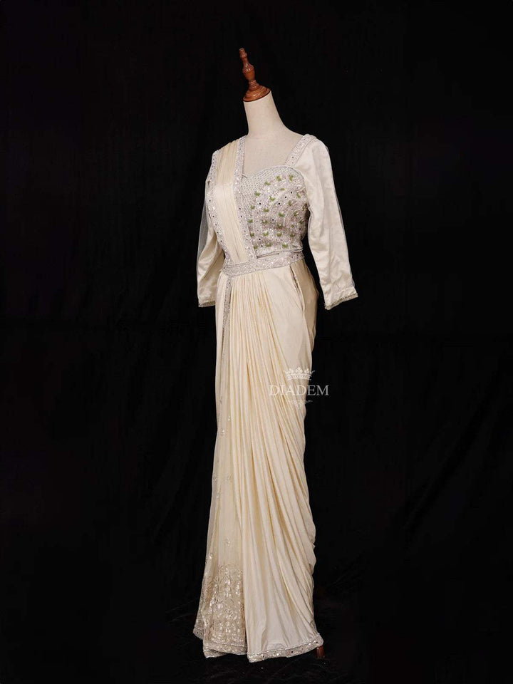 Ivory Ready to wear Saree with Sequins and Glitters Floral Design with Blouse - Diadem