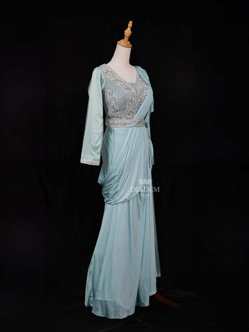 Teal Blue Ready to wear Saree with Sequins Beads Design Blouse with Waist Belt - Diadem