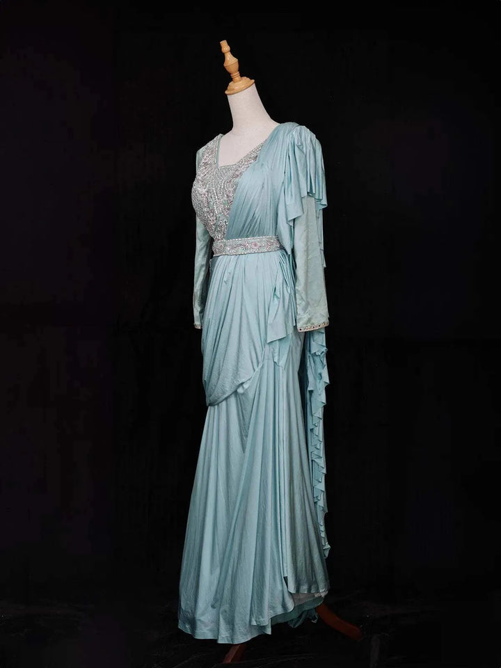 Teal Blue Ready to wear Saree with Sequins Beads Design Blouse with Waist Belt - Diadem