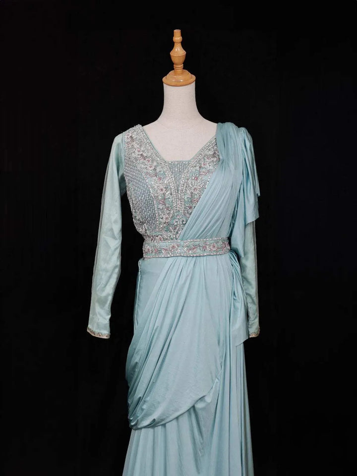 Teal Blue Ready to wear Saree with Sequins Beads Design Blouse with Waist Belt - Diadem