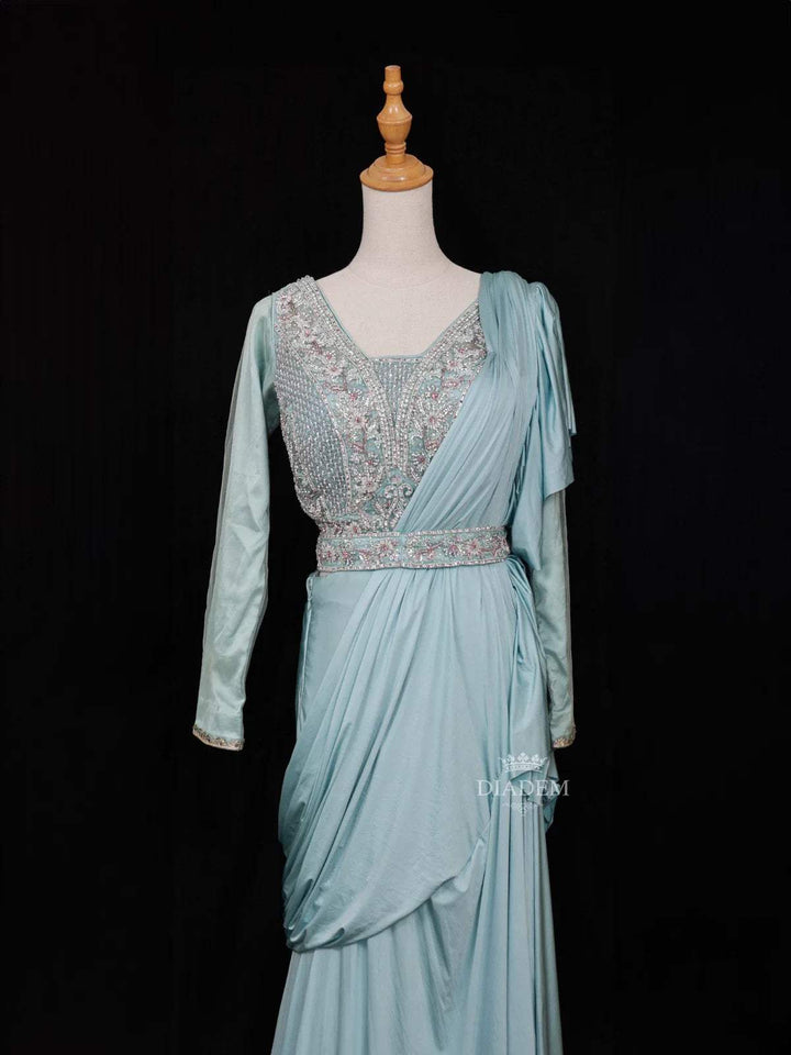 Teal Blue Ready to wear Saree with Sequins Beads Design Blouse with Waist Belt - Diadem