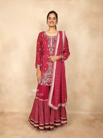 Red Pink Cotton Sharara Suit Adorned with Sequins and Thread Floral Design Paired with Dupatta - Diadem