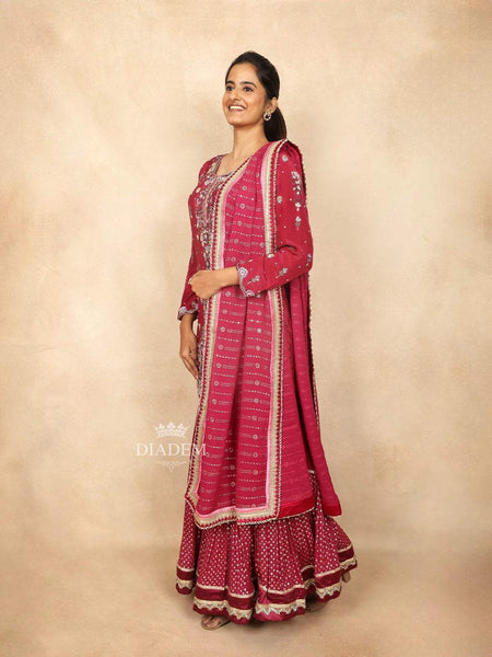 Red Pink Cotton Sharara Suit Adorned with Sequins and Thread Floral Design Paired with Dupatta - Diadem