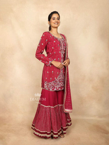Red Pink Cotton Sharara Suit Adorned with Sequins and Thread Floral Design Paired with Dupatta - Diadem