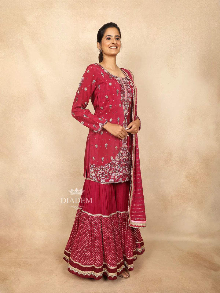 Red Pink Cotton Sharara Suit Adorned with Sequins and Thread Floral Design Paired with Dupatta - Diadem