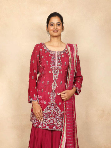 Red Pink Cotton Sharara Suit Adorned with Sequins and Thread Floral Design Paired with Dupatta - Diadem