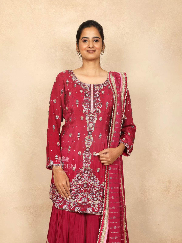 Red Pink Cotton Sharara Suit Adorned with Sequins and Thread Floral Design Paired with Dupatta - Diadem