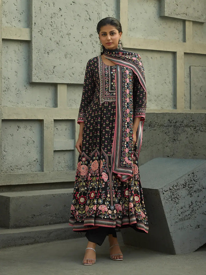 Black Floral Printed Synthetic Salwar Suit - Diadem