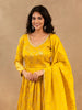 Yellow Floral Embroidery Silk Partywear Gown