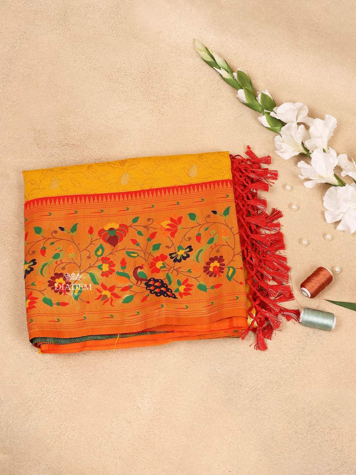 Yellow Semi Banarasi Saree with Floral Design with Designed Border - Diadem