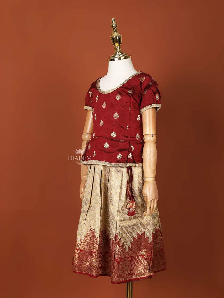 Gold and Maroon Silk Pattu Pavadai Adorned with Floral Zariwork - Diadem