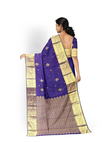 Royal Blue Pure Kanchipuram Bridal Silk Saree with Floral Motif on the Body with Contrast Zari Border - Diadem