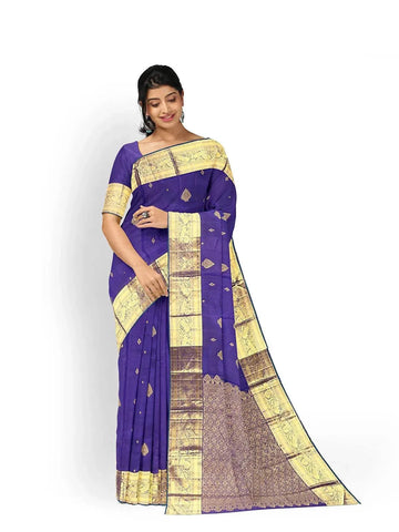 Royal Blue Pure Kanchipuram Bridal Silk Saree with Floral Motif on the Body with Contrast Zari Border - Diadem