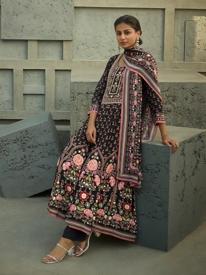 Black Floral Printed Synthetic Salwar Suit - Diadem