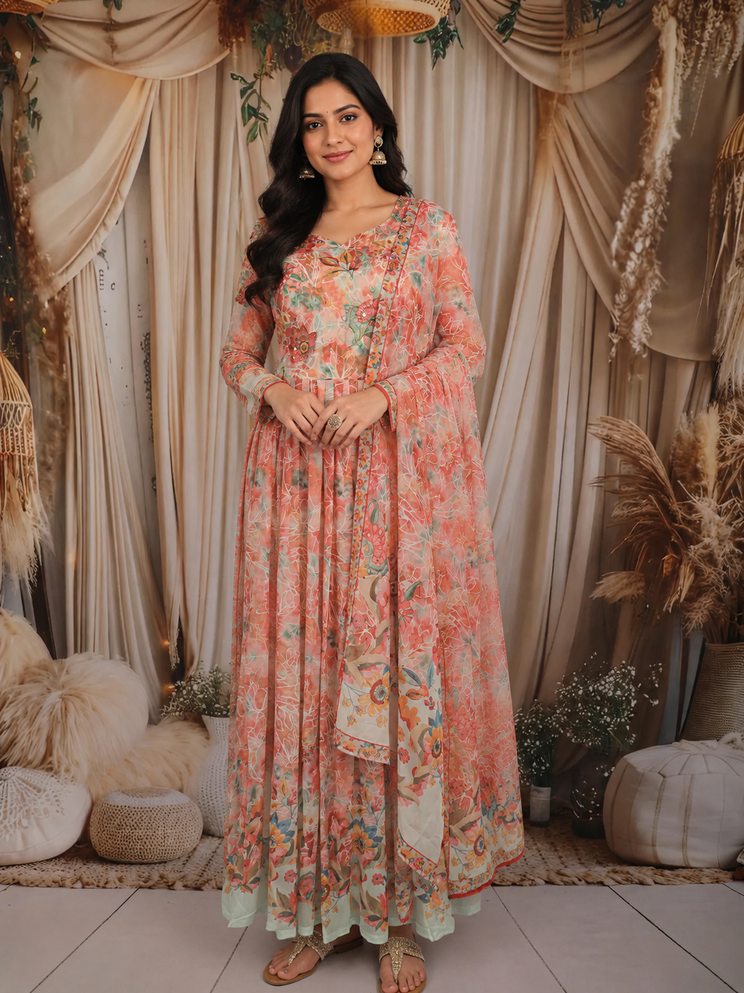 Soft Peach Floral Printed Design Chiffon Anarkali Gown with Dupatta