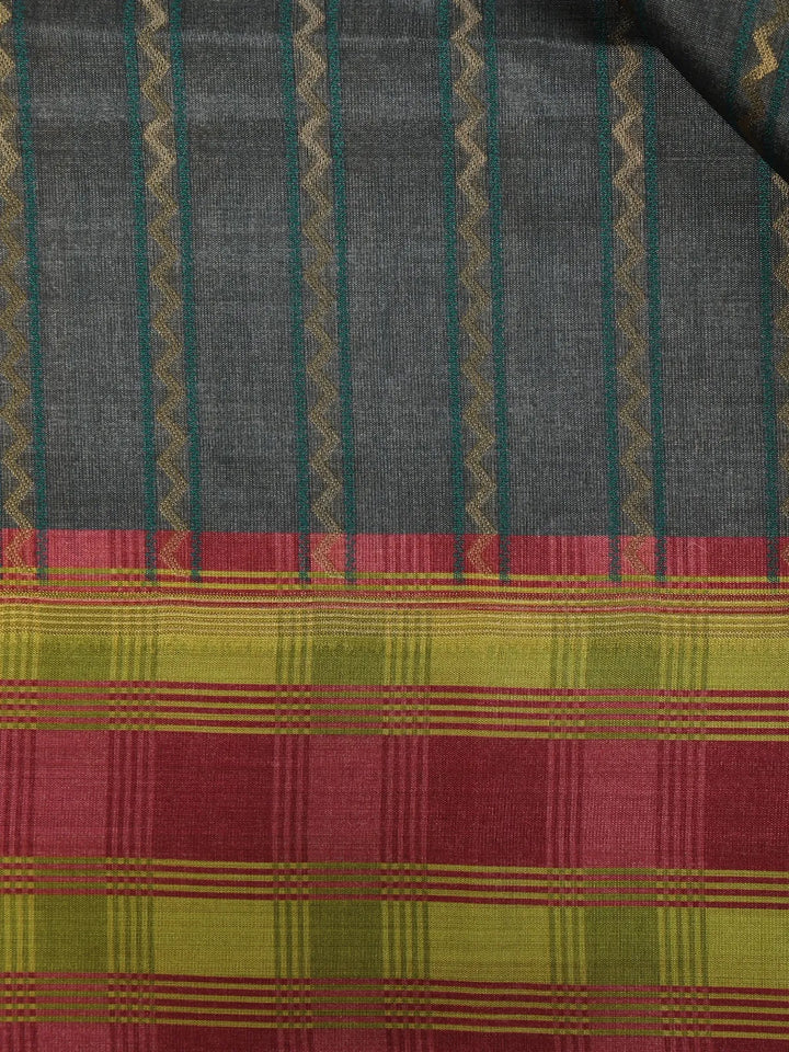 Dark Grey Semi Tussar Silk Checks And Stripes Designed Saree - Diadem