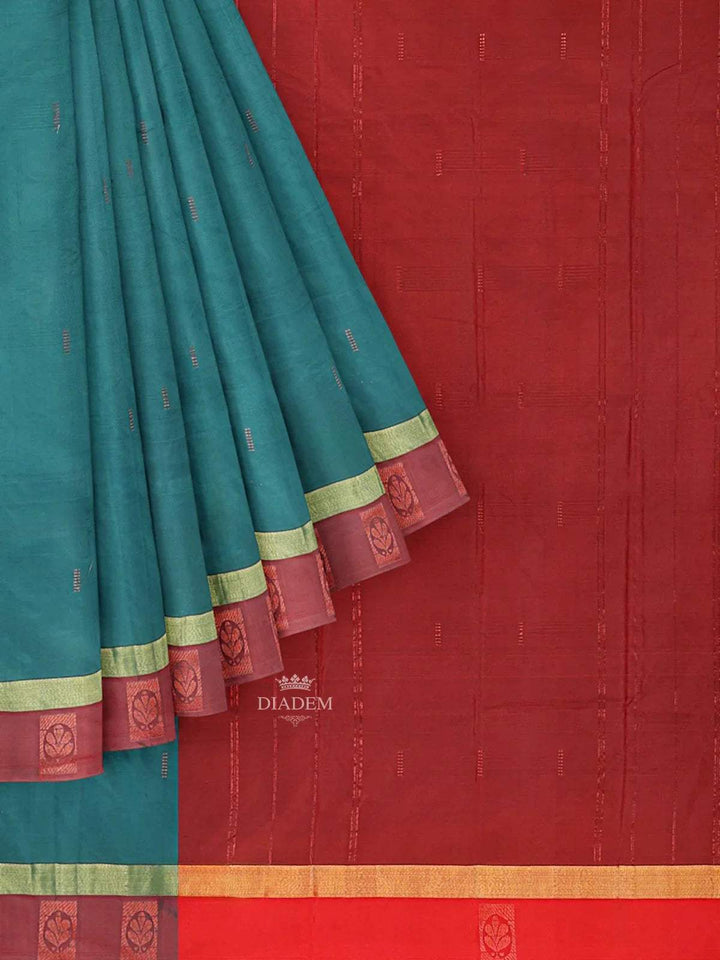 Green Arani Silk Saree with Zari Butta on the Body and Contrast Border - Diadem