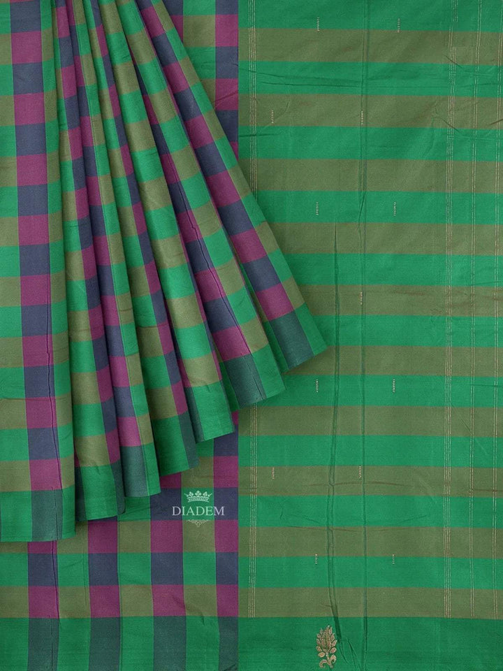 Green Art Silk Saree with Checks Design on the body and Printed Border - Diadem